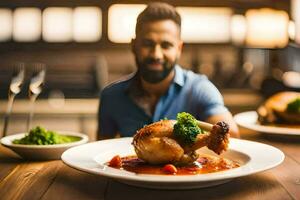 un hombre es sentado a un mesa con un plato de alimento. generado por ai foto