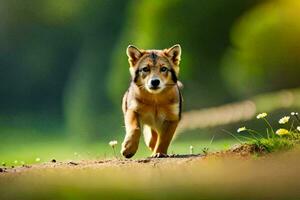 a dog running on a dirt road in the grass. AI-Generated photo