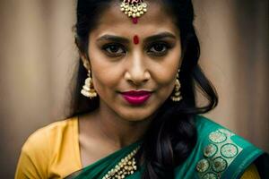 a woman in a green sari with gold jewelry. AI-Generated photo