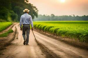 un hombre caminando abajo un suciedad la carretera en un arroz campo. generado por ai foto