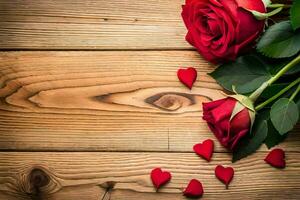 red roses on a wooden background. AI-Generated photo