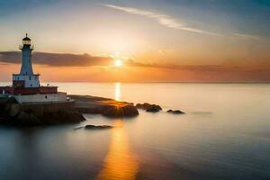 un faro es visto a puesta de sol en el océano. generado por ai foto