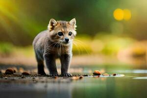 a baby fox standing on the ground near water. AI-Generated photo