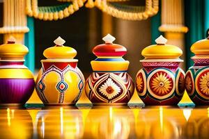 a row of colorful vases lined up on a table. AI-Generated photo