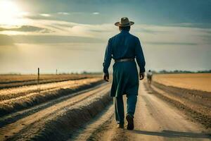 a man in a cowboy hat walking down a dirt road. AI-Generated photo