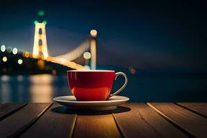 a red cup sits on a table in front of a bridge. AI-Generated photo