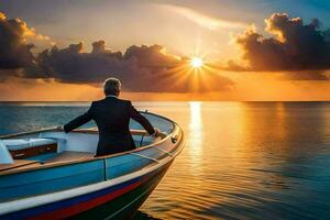 a man in a suit is sitting in a boat at sunset. AI-Generated photo