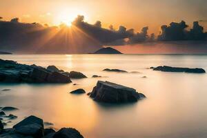 the sun rises over the ocean and rocks. AI-Generated photo