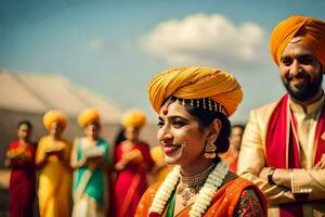 a beautiful indian wedding with a bride and groom in traditional attire. AI-Generated photo