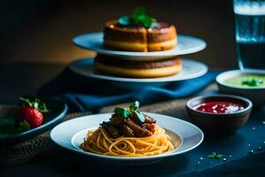 a plate of spaghetti and a cake on a table. AI-Generated photo