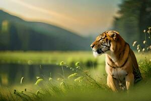 a tiger is sitting in the grass near a lake. AI-Generated photo