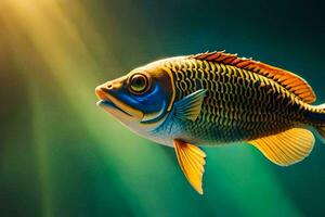 un pescado nadando en el agua con luz de sol brillante. generado por ai foto