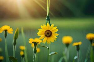 a sunflower is standing in a field with the sun shining. AI-Generated photo