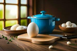 an egg on a cutting board with a knife and a pot. AI-Generated photo
