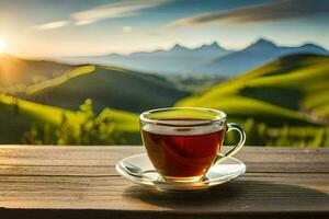 a cup of tea on a wooden table in front of a mountain view. AI-Generated photo