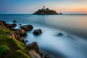 a lighthouse sits on the shore of a rocky coastline. AI-Generated photo