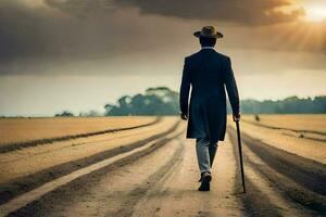 un hombre en un traje camina abajo un suciedad la carretera. generado por ai foto