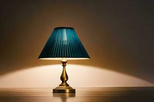 a blue lamp on a wooden table. AI-Generated photo