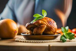 a man is holding a chicken on a wooden cutting board. AI-Generated photo