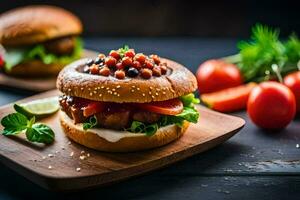 two hamburgers with tomatoes and lettuce on a wooden board. AI-Generated photo