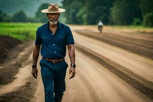 un hombre en un sombrero y azul camisa caminando abajo un suciedad la carretera. generado por ai foto