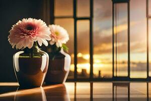 two vases with flowers sitting on a table in front of a window. AI-Generated photo