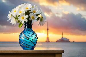 photo wallpaper the sky, flowers, the sea, the sunset, the city, the tower,. AI-Generated
