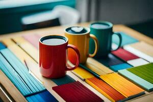 dos café tazas en un mesa con vistoso pintar. generado por ai foto