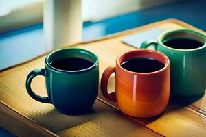 three colorful coffee mugs sit on a wooden table. AI-Generated photo