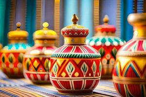 colorful vases are lined up on a table. AI-Generated photo