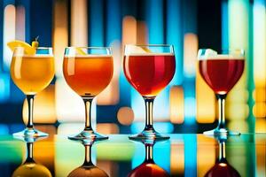 four glasses of different colored drinks on a table. AI-Generated photo