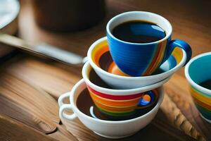 un apilar de vistoso café tazas en un de madera mesa. generado por ai foto