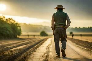 a man walking down a dirt road in the middle of a field. AI-Generated photo