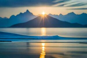 the sun is setting over a mountain range. AI-Generated photo