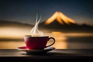 a cup of coffee with a view of mount fuji. AI-Generated photo