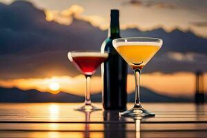 two glasses of wine and a bottle of wine on a table. AI-Generated photo