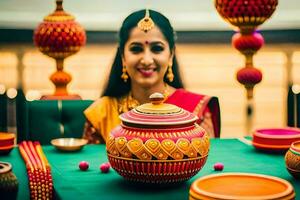 a woman in traditional indian attire sits at a table with colorful pots and pans. AI-Generated photo