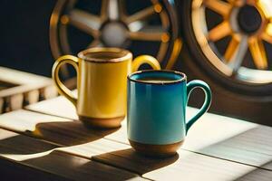 two colorful coffee mugs on a wooden table. AI-Generated photo