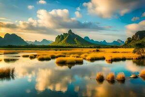 el montañas son reflejado en el agua. generado por ai foto