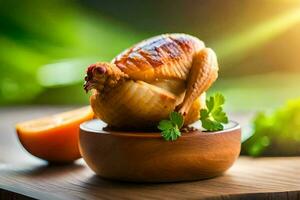 a roasted chicken on a wooden plate with an orange. AI-Generated photo