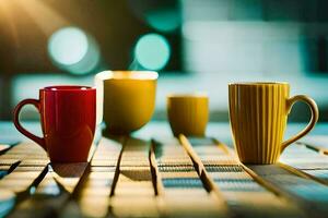 three coffee cups sitting on a table. AI-Generated photo