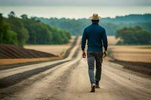 a man walking down a dirt road in the middle of nowhere. AI-Generated photo