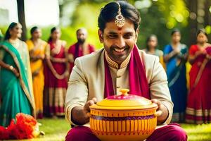 un hombre en un tradicional indio Boda atuendo es participación un maceta. generado por ai foto