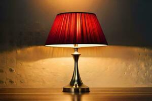 un rojo lámpara en un de madera mesa. generado por ai foto