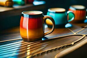 colorful coffee mugs on a piano. AI-Generated photo