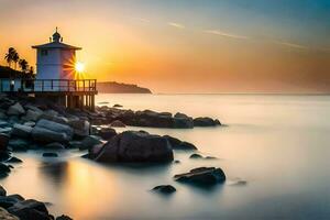 a lighthouse stands on the shore of a body of water. AI-Generated photo