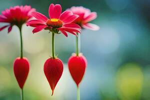 three red flowers are standing on top of each other. AI-Generated photo