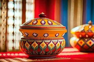 colorful pots on a red table with a window. AI-Generated photo