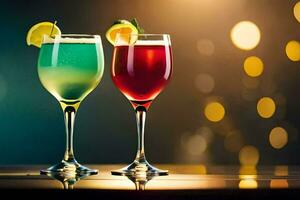 two glasses of colorful drinks with a lime wedge. AI-Generated photo