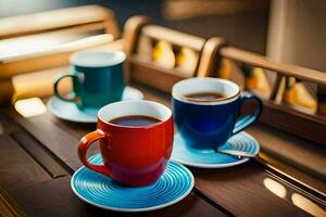 three cups of coffee on a wooden table. AI-Generated photo